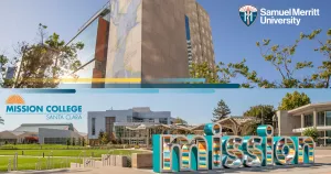 Exterior images of the SMU Oakland campus and the Mission College campus with each university's logo.