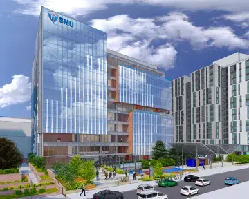 A rendering of Samuel Merritt University’s new Oakland City Center campus, a modern glass high-rise with reflective windows and orange architectural accents. People are walking and gathering in the landscaped plaza outside, surrounded by greenery, benches, and nearby buildings.