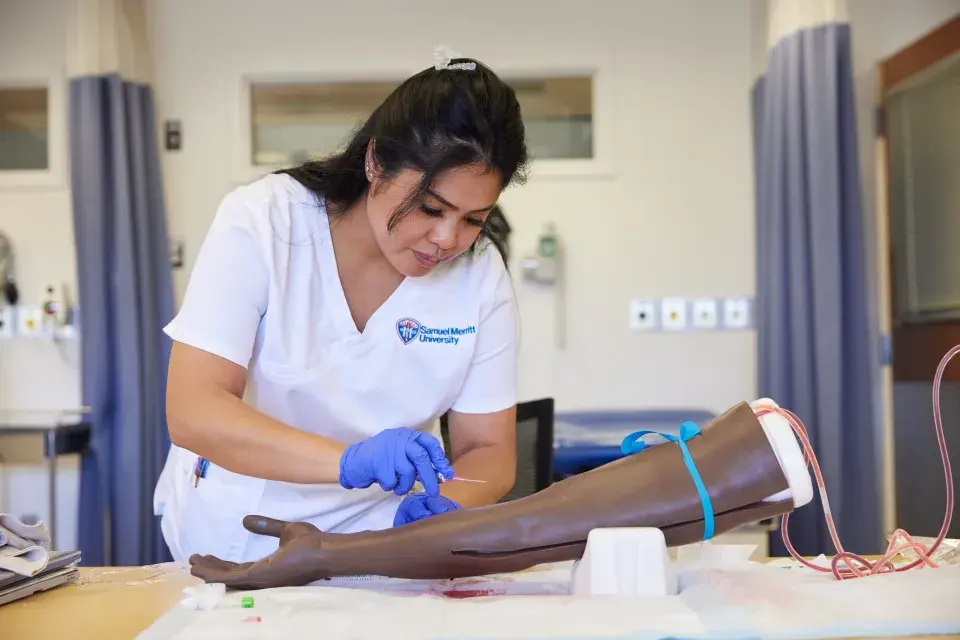 Nursing student with practice arm inserting a needle.