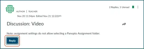 Canvas Discussion - the "Reply" button is outlinede in red for selecting.