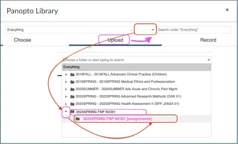 instructions for uploading a panopto video for a video assignment