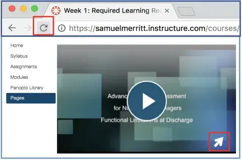Panopto: Refresh and play the video. Click the diagonal arrow to open in the Panopto viewer