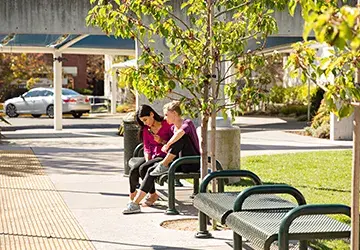 Students on benches of Oakland Campus lawn