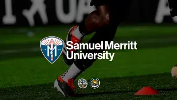 Samuel Merritt University shield, Roots and Soul logo overlaid on a photo of someone playing soccer.